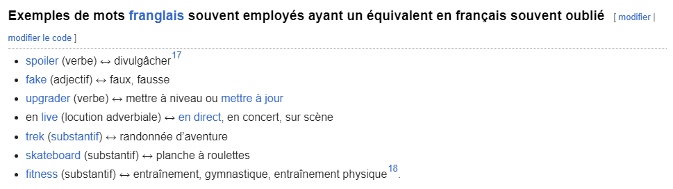 page wikipedia sur les mots franglais