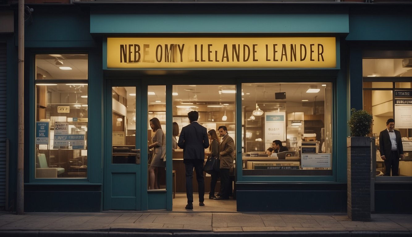 A licensed money lender's signboard hangs above a storefront, with a line of customers waiting outside. The interior shows a desk with paperwork and a safe
