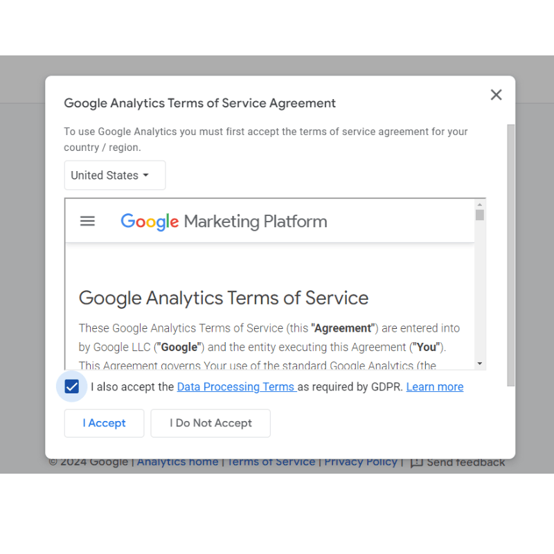 Google Analytics Terms of Service Agreement page