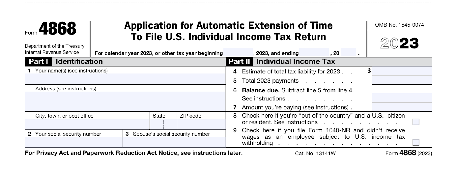 A screenshot of Form 4868, the form you must file if you want to receive a tax extension.