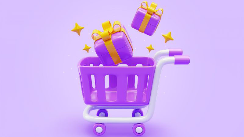 Carrito de compras morado con regalos adentro