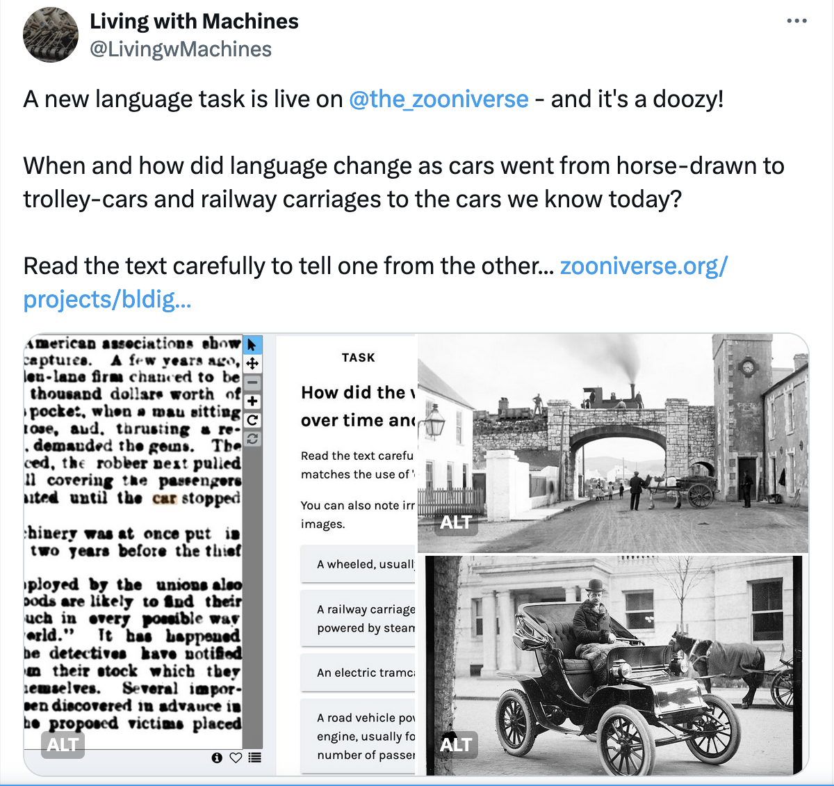 Screenshot of a tweet with part of a screenshot of the Zooniverse task interface, and historical black and white photos of a horse-drawn carriage on a street with an early locomotive on a viaduct above the street; and an early motor car