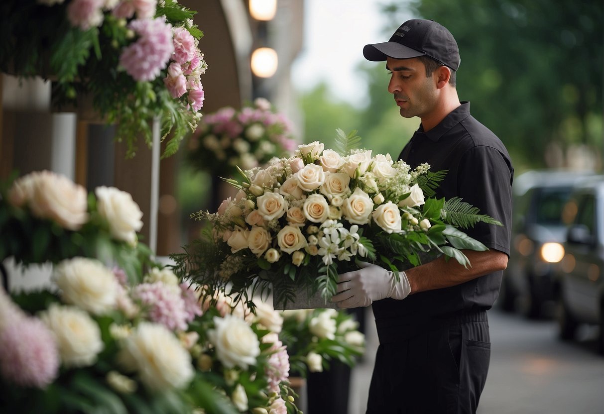 A Delivery Person Carefully Places A Large Funeral Spray On A Stand, Surrounded By Delicate Flowers And Greenery