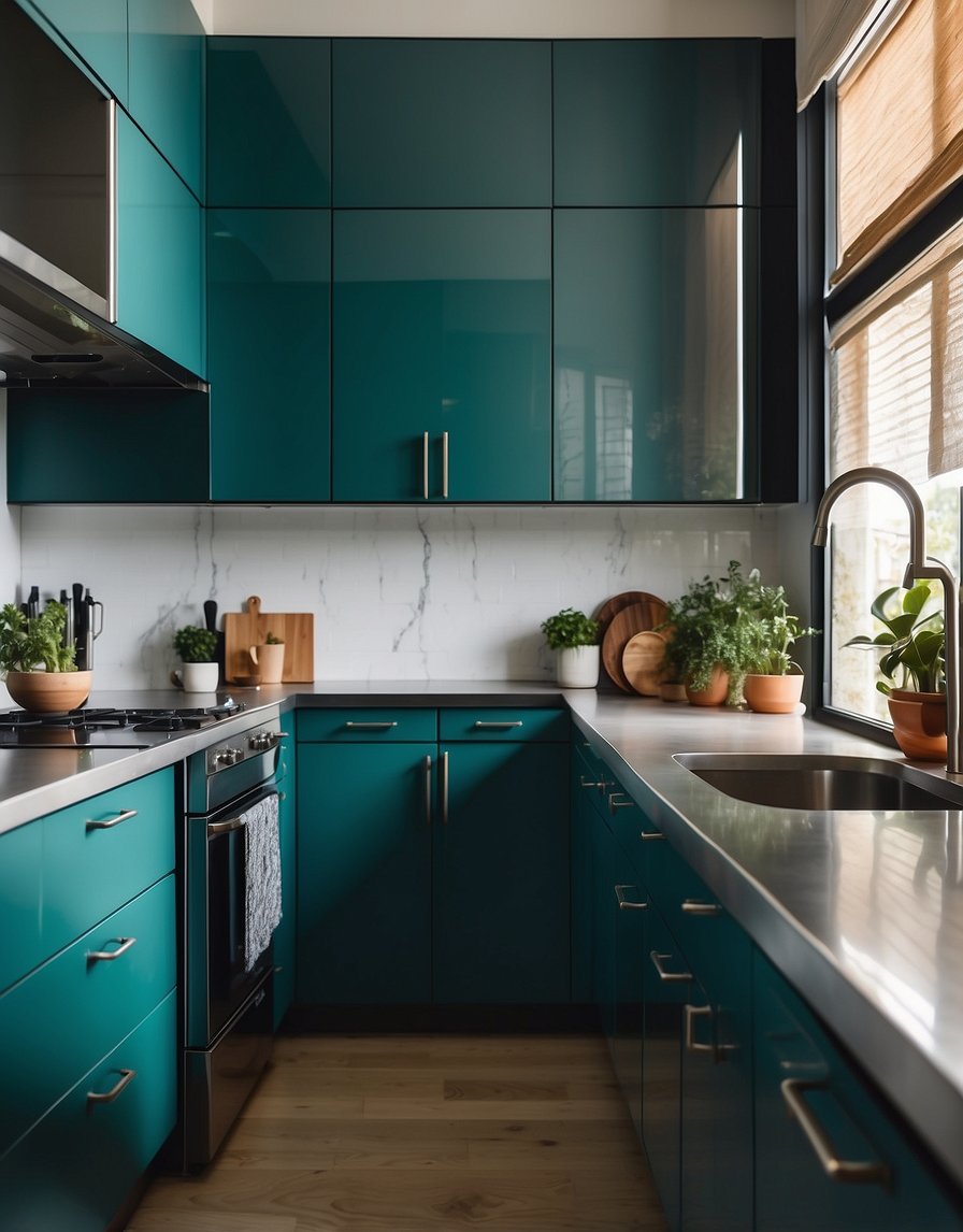 A modern kitchen with teal cabinets, sleek countertops, and stainless steel appliances. Bright, natural light floods the space, creating a warm and inviting atmosphere