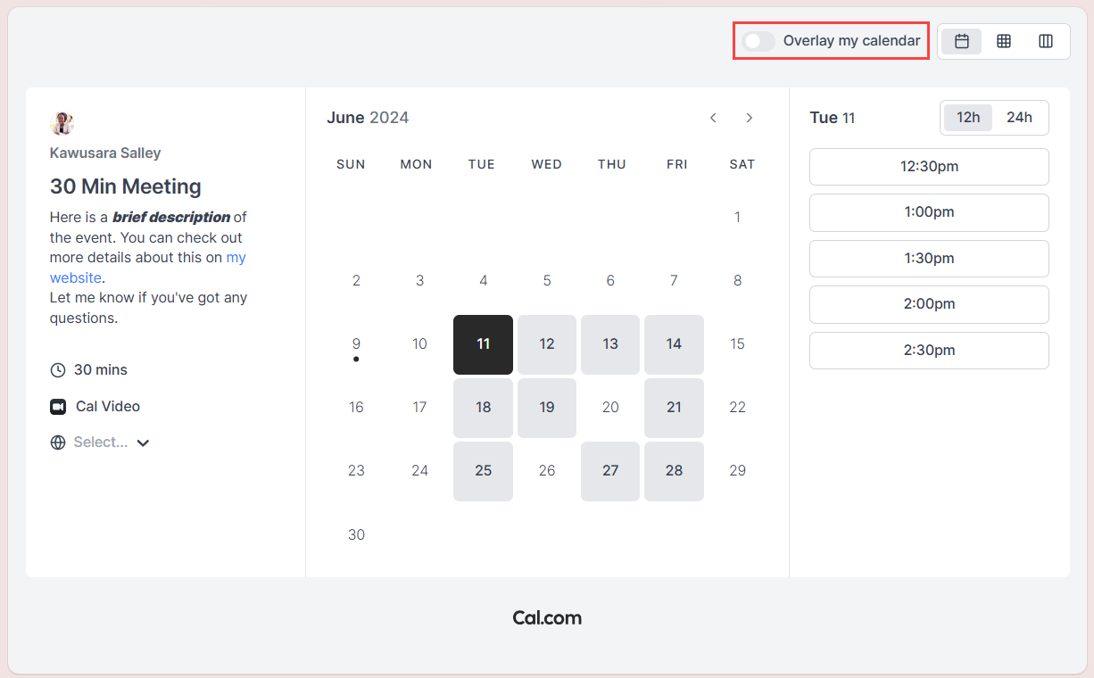 Your guest can overlay their calendar on your booking page to quickly find mutual availability slots