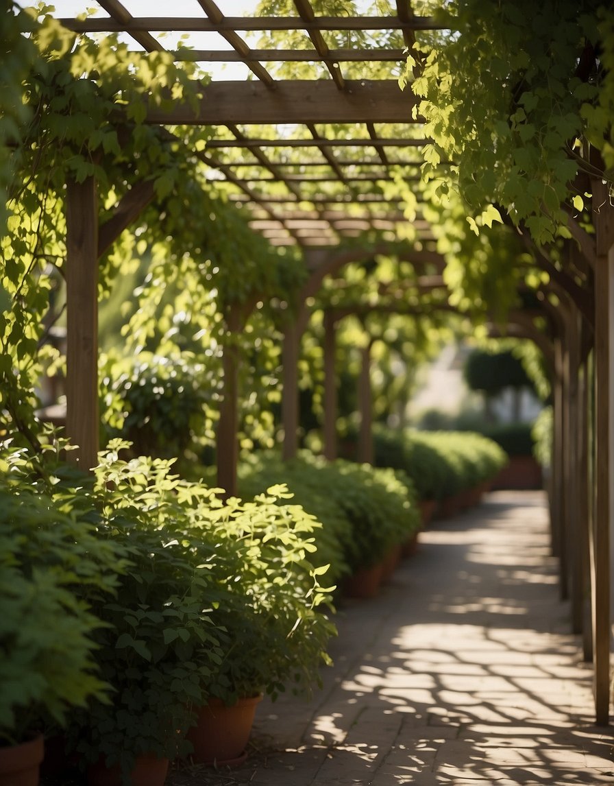 A vine-covered pergola provides shade with dappled sunlight filtering through the leaves, creating a tranquil and inviting outdoor space