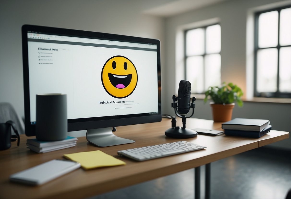 A brightly lit desk with a camera microphone and laptop A whiteboard with brainstorming notes A smiling emoji pillow in the background