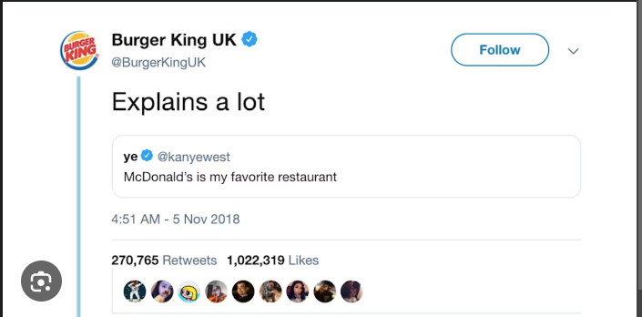 Burger king uk's witty reply "explains a lot" to kanye west's tweet declaring mcdonald's his favorite restaurant