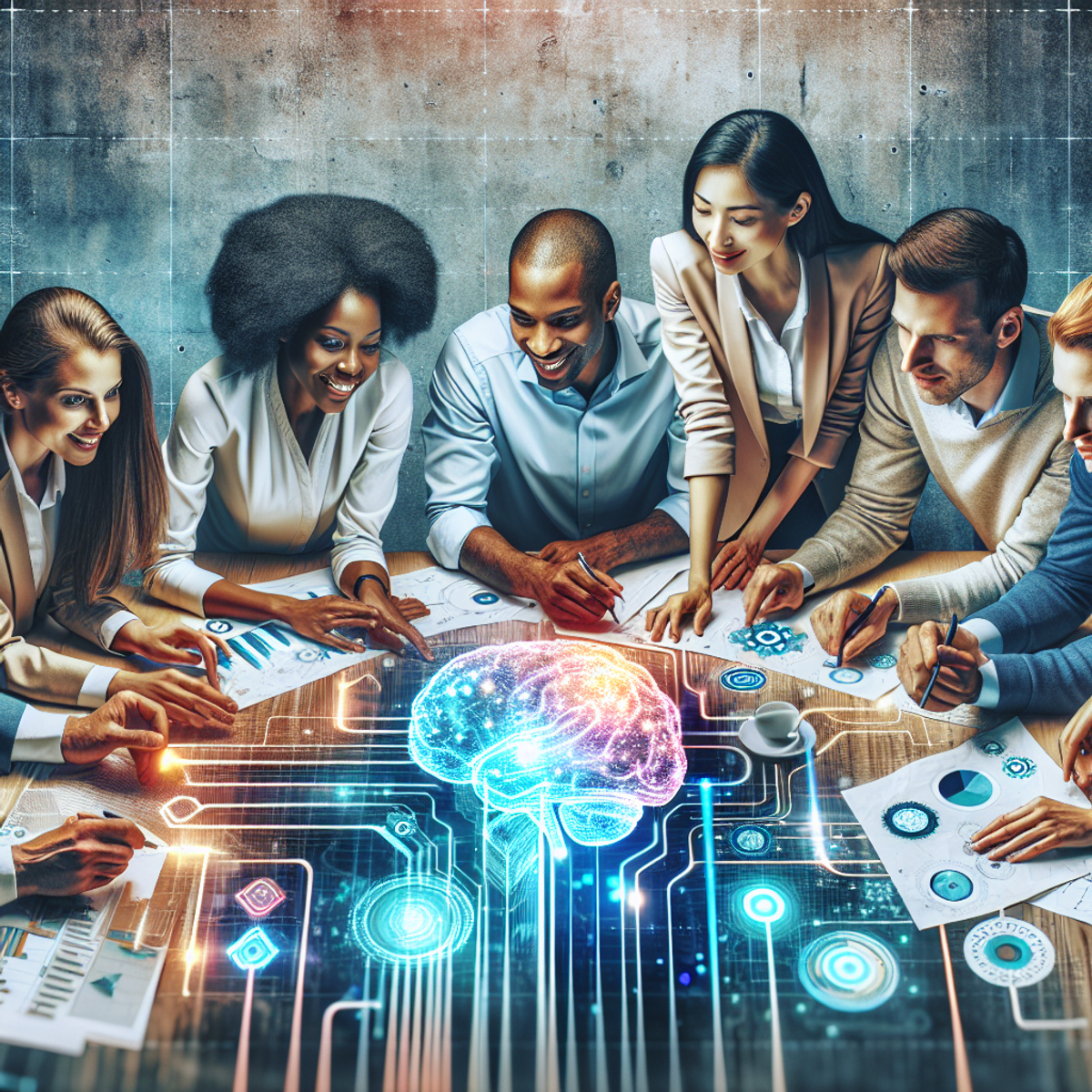 A diverse group of professionals collaborating around a table with blueprints and technology symbols.