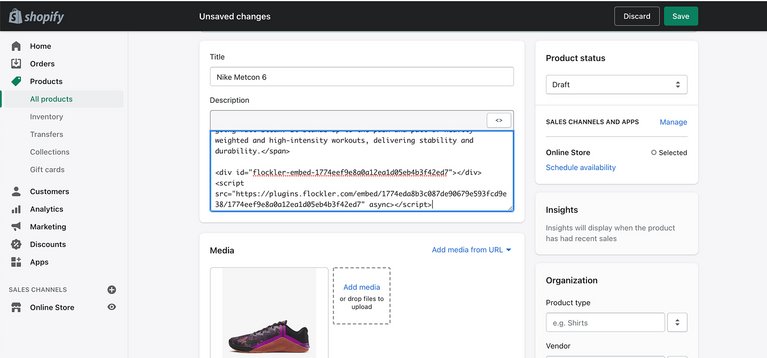 Embed Instagram feeds on Shopify: Adding embed code to text
