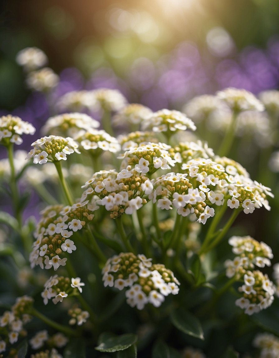 A garden filled with sweet alyssum flowers in full bloom, emitting a delightful fragrance. Bees and butterflies hover around, drawn to the sweet scent