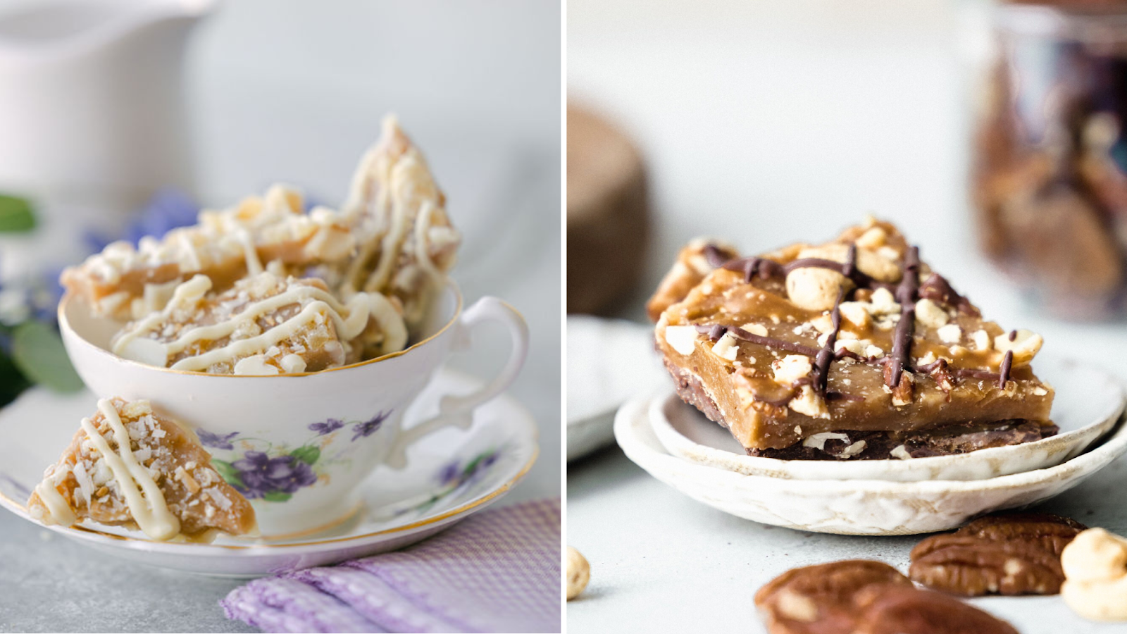 handcrafted toffee in a tea cut and on a small plate from Cache Toffee in Murray, Utah.