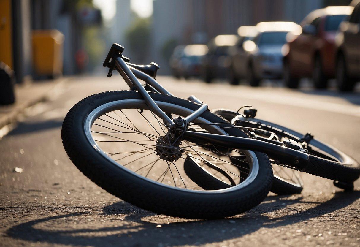 A bicycle lies on its side, wheels still spinning, as scattered belongings and a broken helmet litter the ground