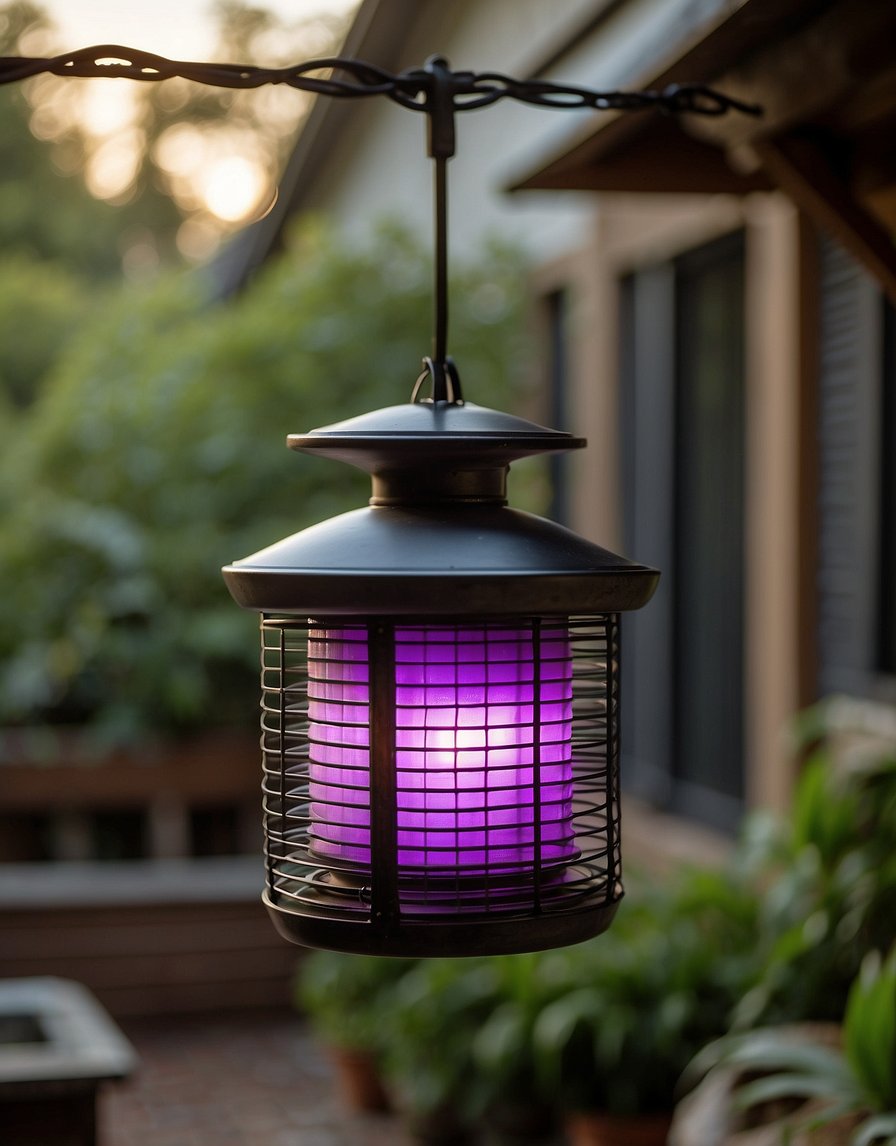 An electric bug zapper hangs above a patio, surrounded by 15 different methods to get rid of flies, including fly traps and citronella candles