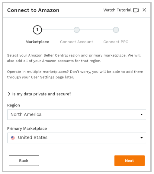 Choose your Seller Central account’s region and primary marketplace from the dropdown menu