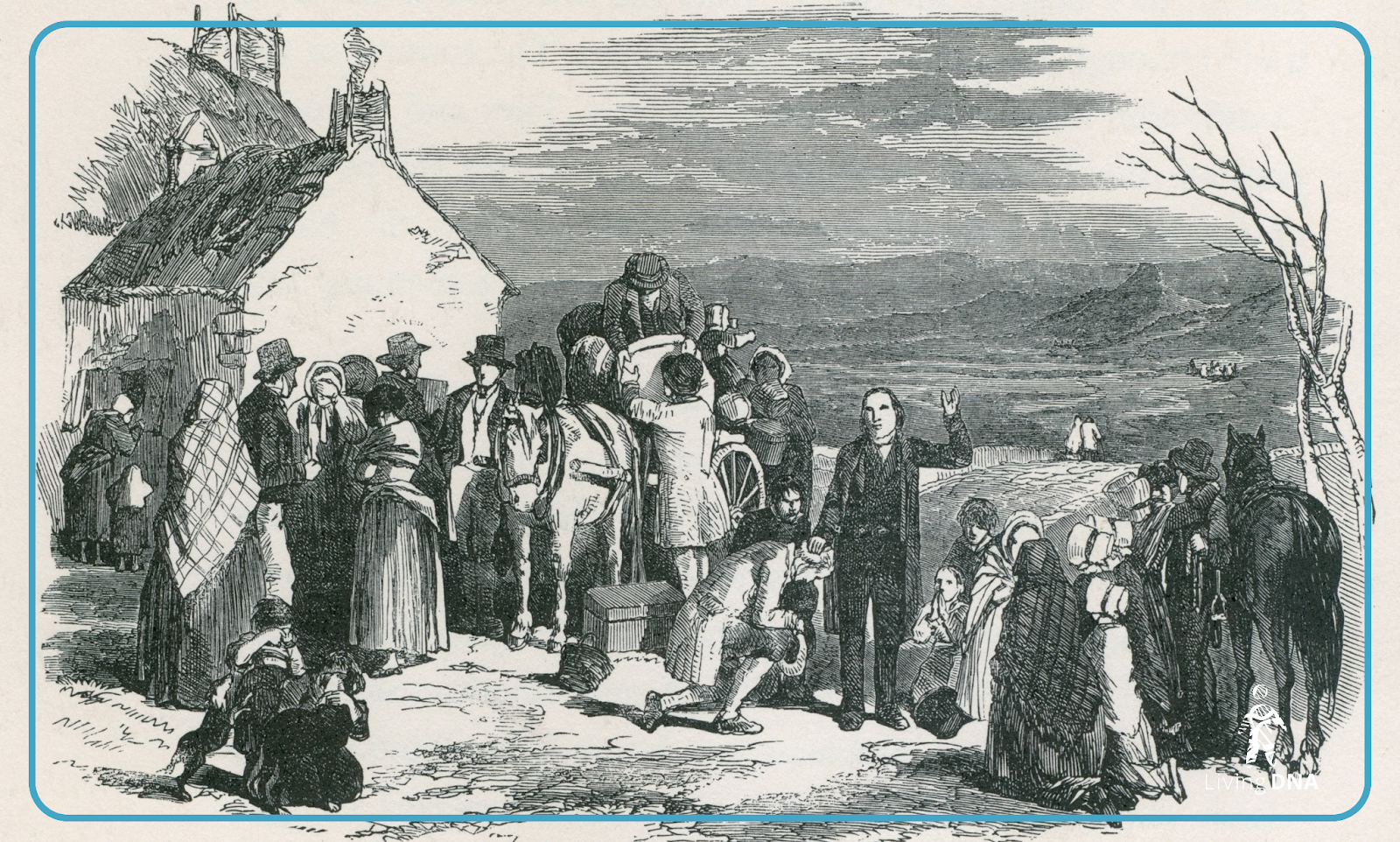 A Catholic priest blesses kneeling immigrants as they to leave their homes and families in Ireland for North America during the potato famine. Ca. 1850.