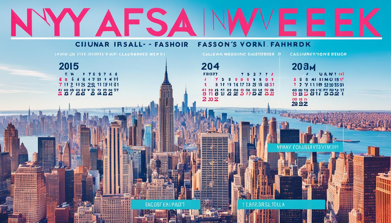 Create an image featuring a colorful calendar with clear and bold dates marked for NY Fashion Week 2024. Make the calendar appear sleek and modern, with NYC landmarks calmly visible in the background. Use vibrant colors to capture the bold and dynamic essence of one of the world's most popular fashion events. Ensure that the text is easy to read at a glance so that viewers can quickly determine when they need to be in town for NY Fashion Week.