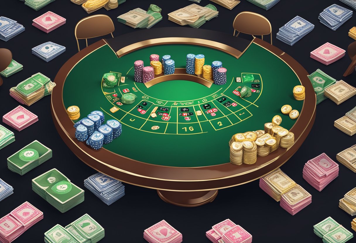 A casino table with cards and dice, surrounded by lottery tickets and online gambling screens. The contrast between luck and strategy is evident in the scene