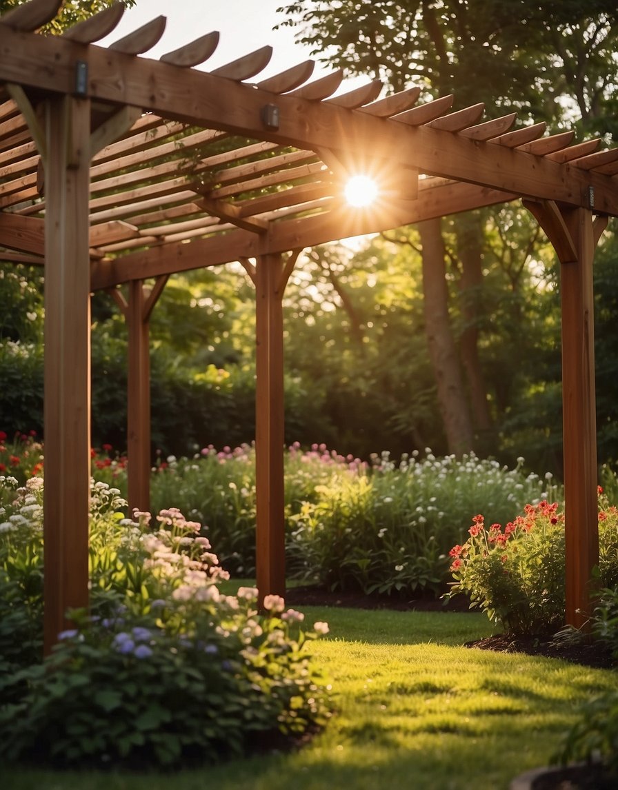 A classic red cedar pergola stands tall in a lush garden, surrounded by blooming flowers and verdant foliage. The sun casts a warm glow over the wooden structure, creating a peaceful and inviting atmosphere