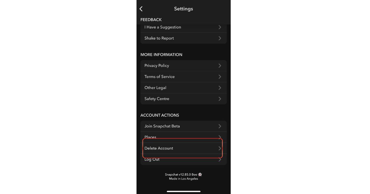 Delete Snapchat Account on iOS