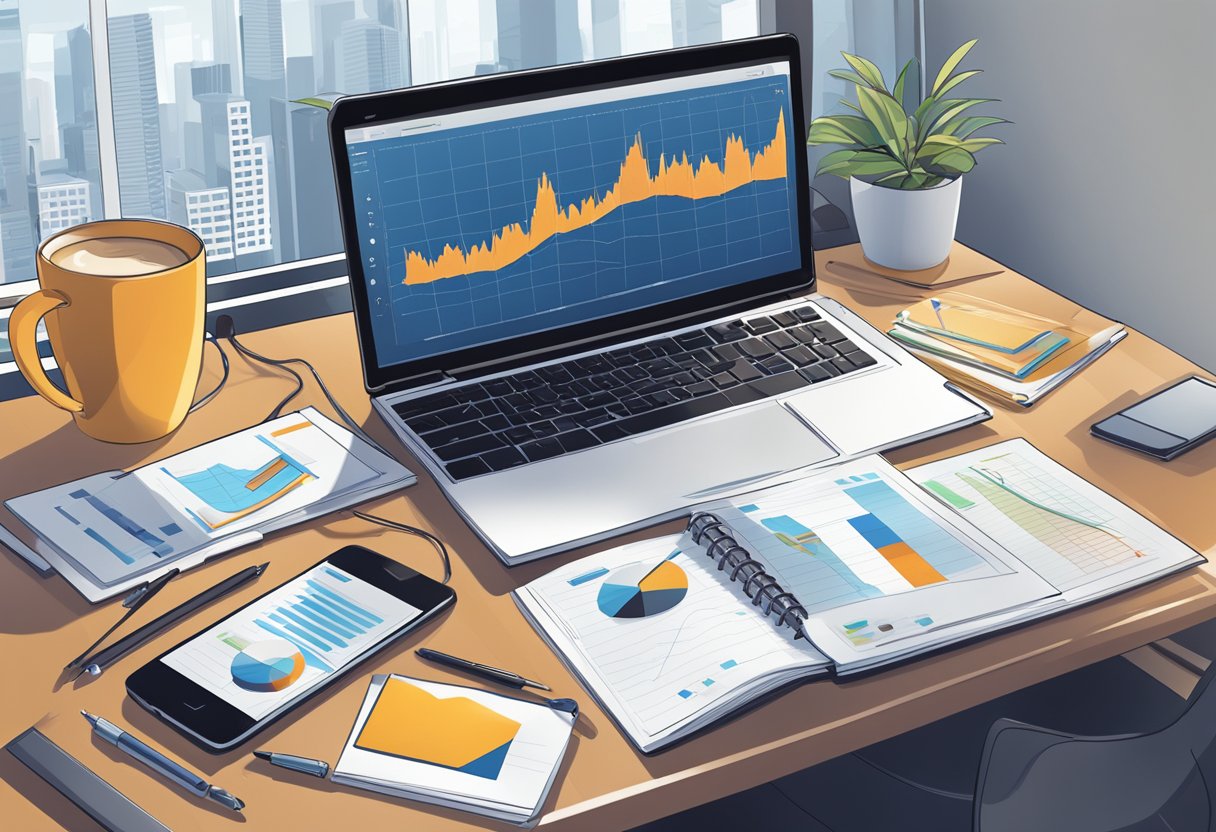 A laptop open on a desk with a headset and notepad, surrounded by charts and graphs. A phone and coffee cup are nearby