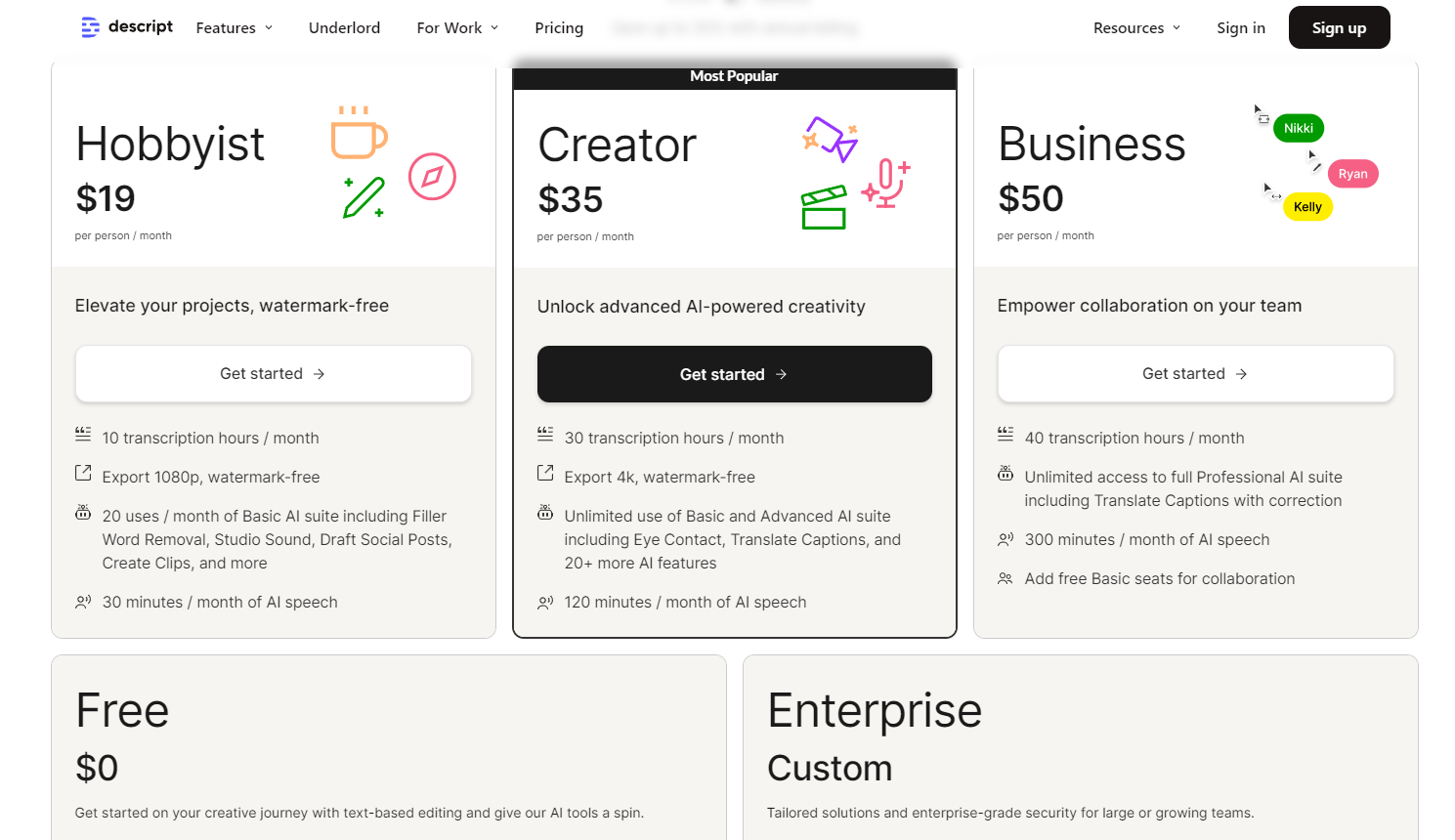 Descript Plans and Pricing 