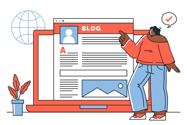 Blog page illustration with a person standing next to it