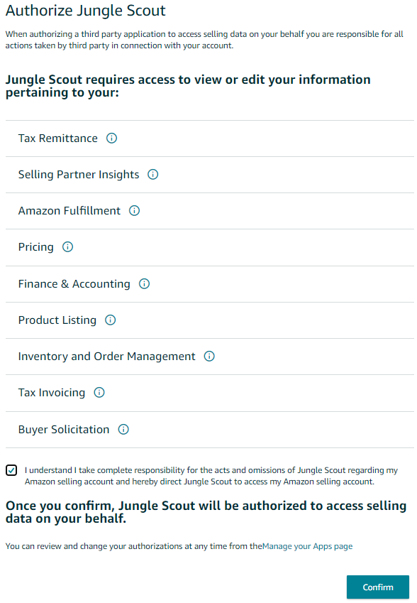 Log into your Seller Central account; you’ll be asked to authorize Jungle Scout to access your selling data.