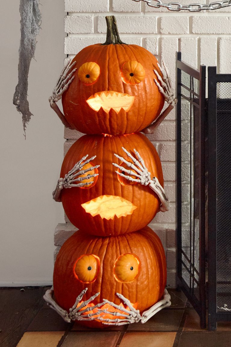 pumpkin carving ideas hear, speak, see no evil pumpkins stacked