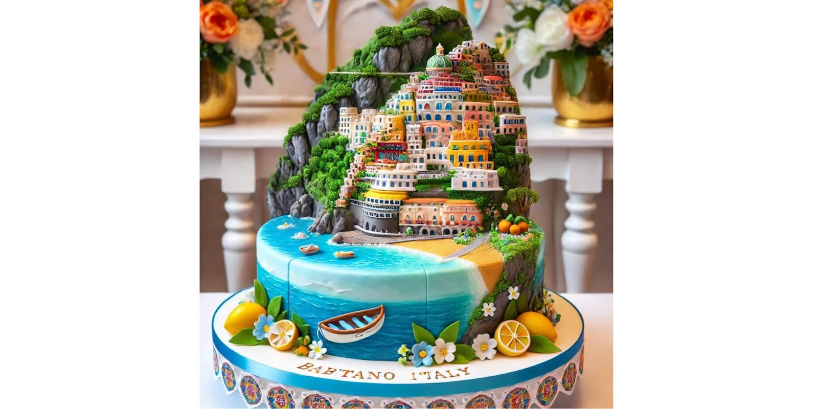 Amalfi Coast Inspired Baby Shower Theme: A Unique Cake Showcasing Positano, Italy, Perfect for Travel Enthusiasts