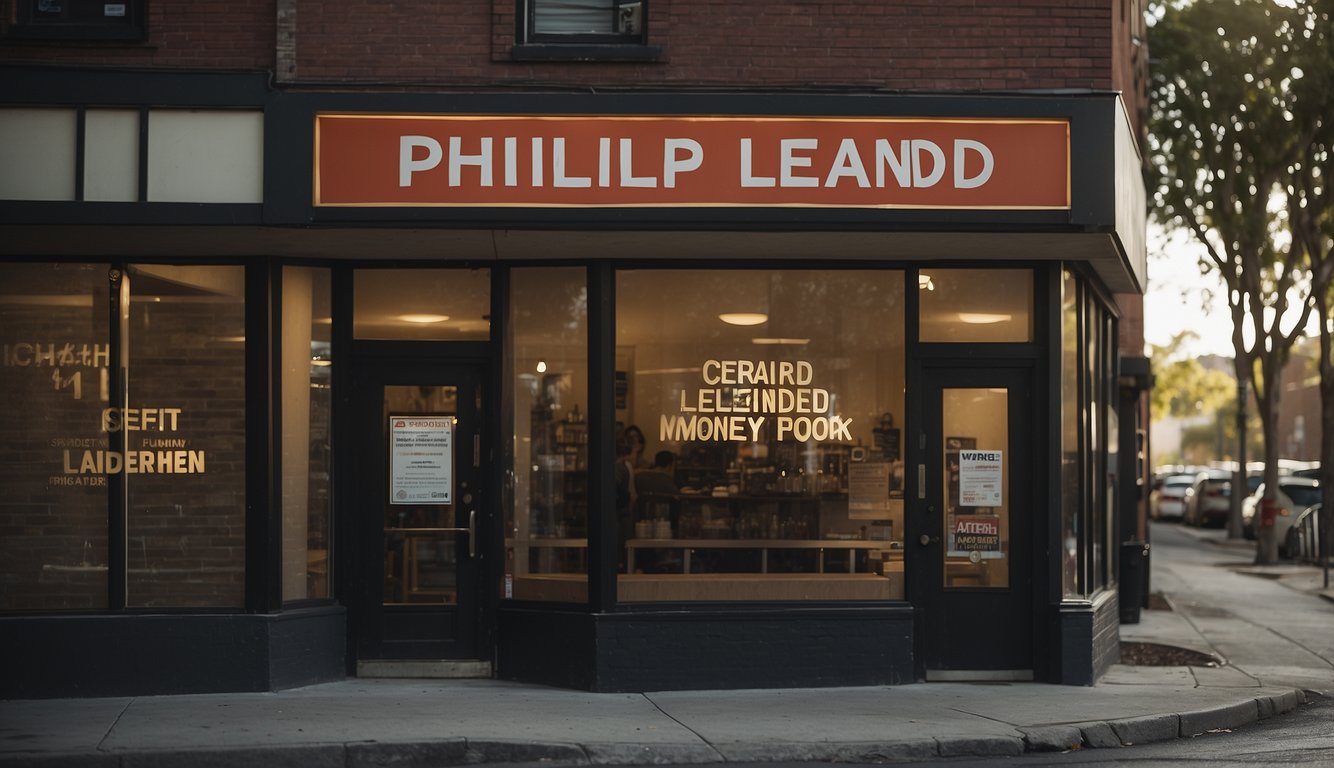 A storefront sign reads "Phillip Credit Licensed Money Lender." A line of customers waits outside the door, while others sit inside filling out paperwork