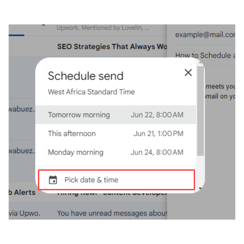 Scheduling the time to send: choose the date and time from Pick date & time button