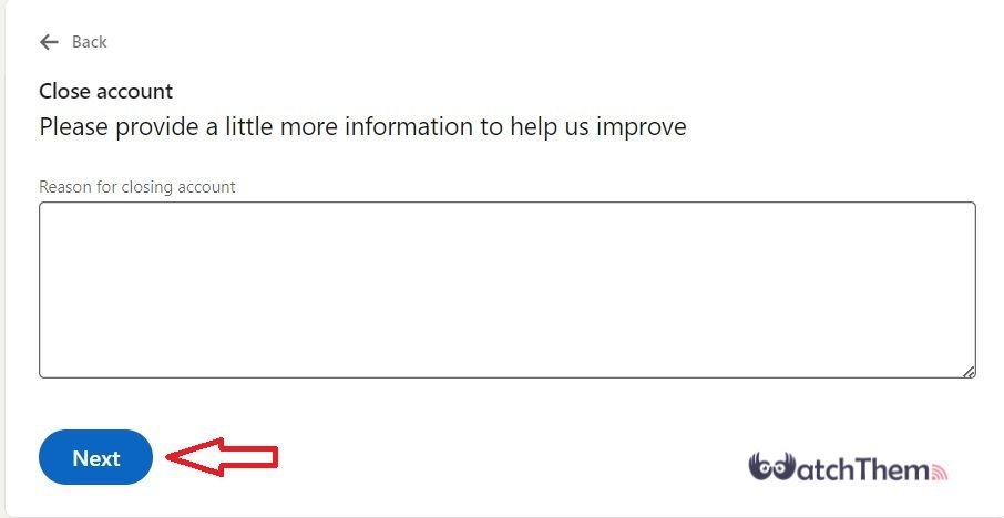 Deleting LinkedIn Account From PC: Provide Information and Click Next