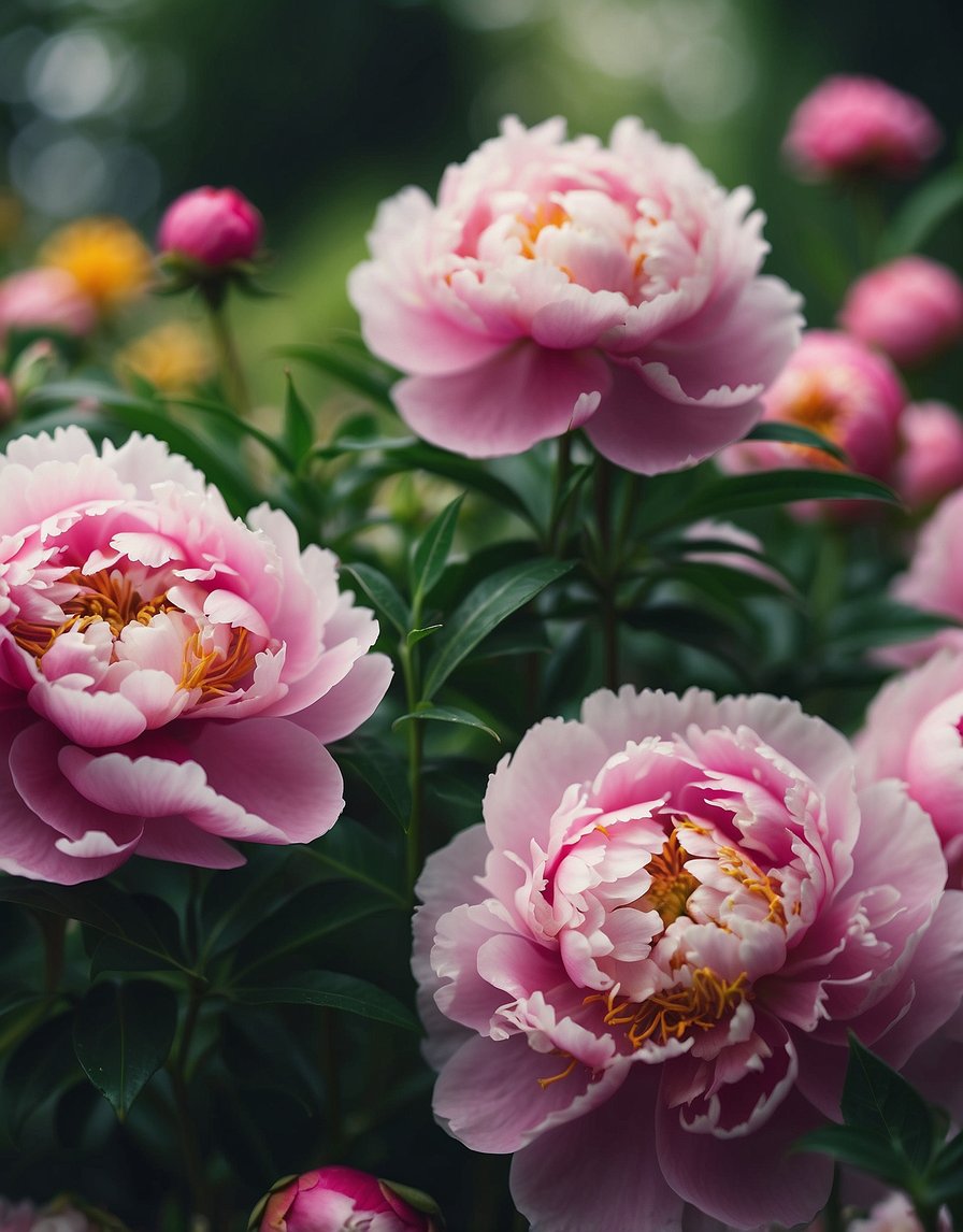 A garden filled with vibrant peonies, their delicate petals exuding a sweet, intoxicating fragrance. Surrounding greenery provides a lush backdrop