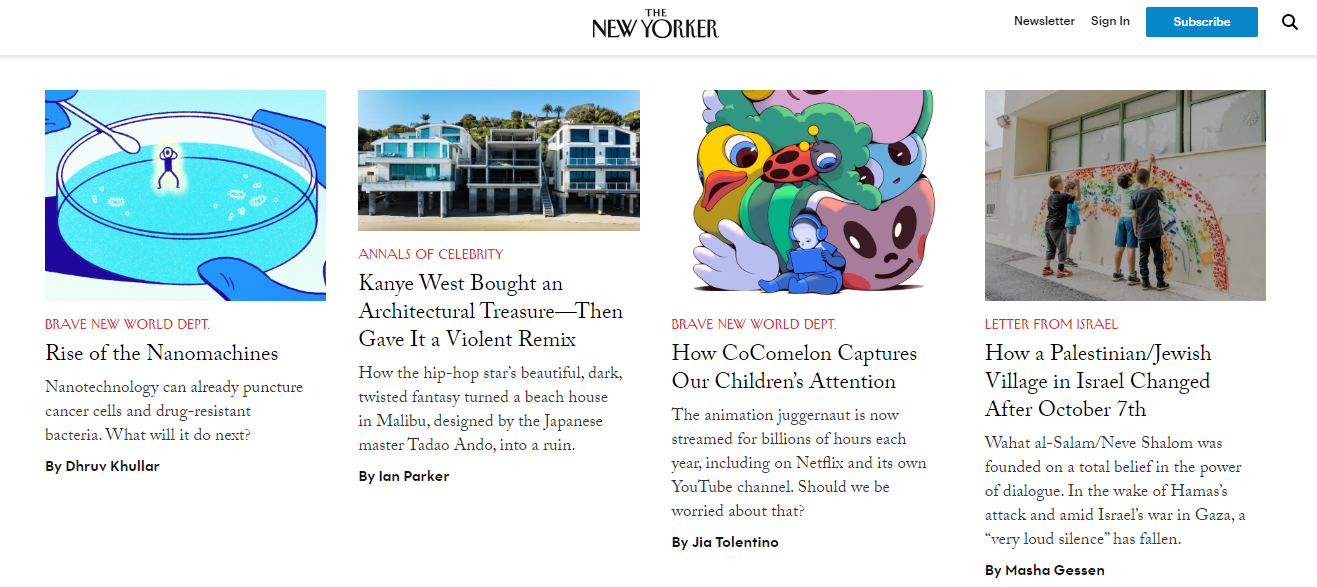 The New Yorker homepage with news feature articles