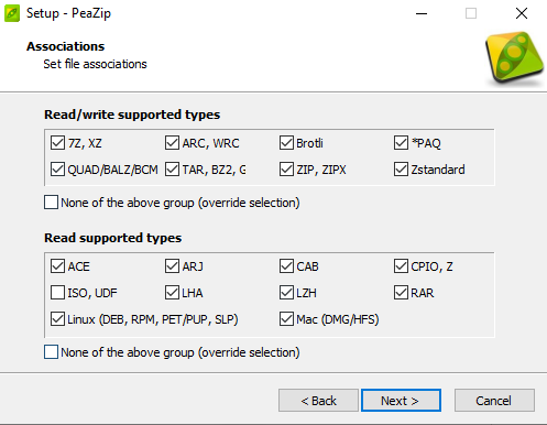 Usable formats in PeaZip