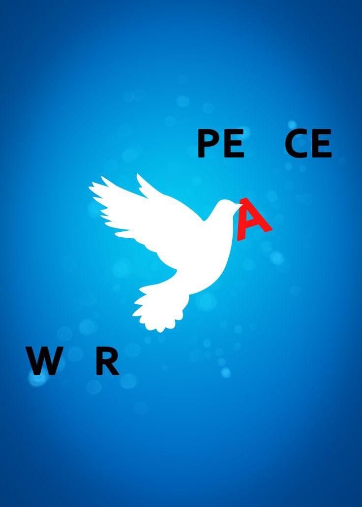 Clip art of a white dove moving a red "A" from the word "war" to the word "peace." Words are black and the background is blue. 