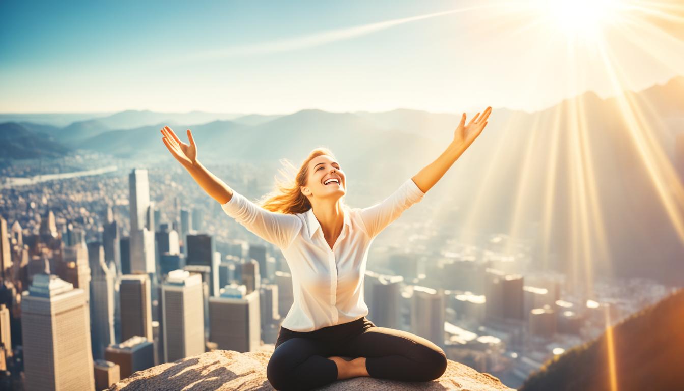 A figure sitting on a mountain top, surrounded by a radiant golden light, with their arms outstretched towards the sky. A beam of light is projecting from their hands towards the horizon, indicating the manifestation of a new career opportunity for someone else. The background shows a bustling cityscape with tall buildings and people moving about their daily lives. The overall mood is one of hope and positivity, suggesting that success is attainable through hard work and positive thinking.