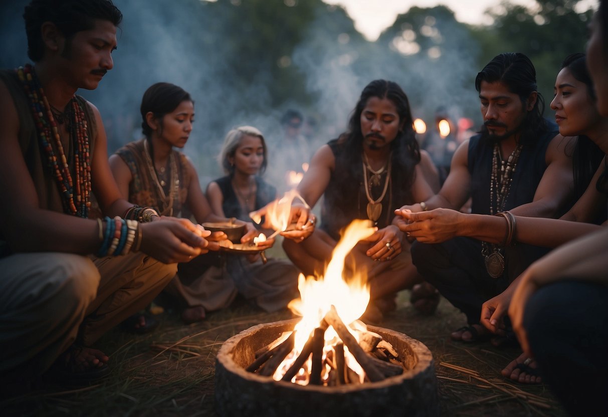 A Group Of People Gather Around A Ceremonial Fire, Placing Offerings And Symbols Of Respect For The Deceased. A Shaman Leads The Ritual, Chanting And Performing Sacred Gestures