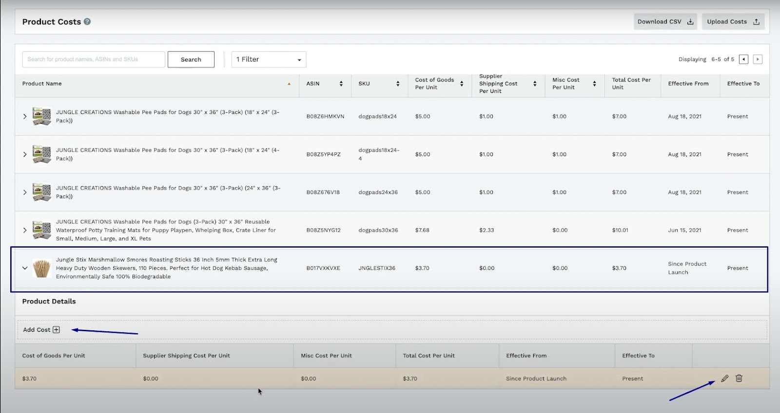 Once you've done that, your products will appear within my products, and you can enter product costs. Here, you can add or edit the cost of your product.