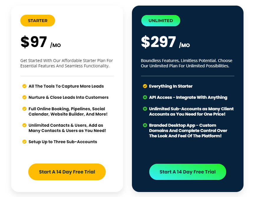 GoHighLevel  Plans and Pricing 