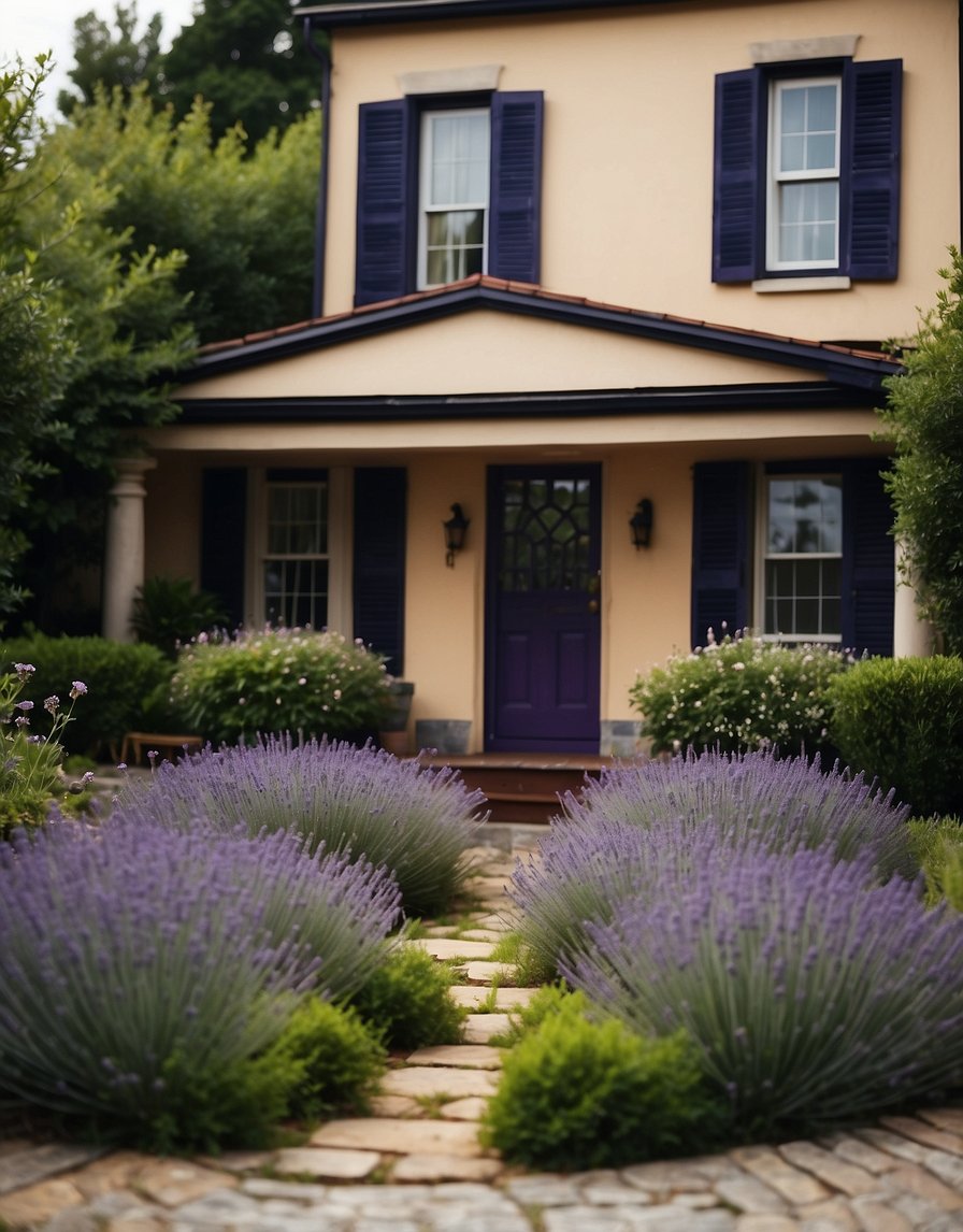 A quaint house with 21 lavender bushes in front, creating a beautiful and fragrant scene