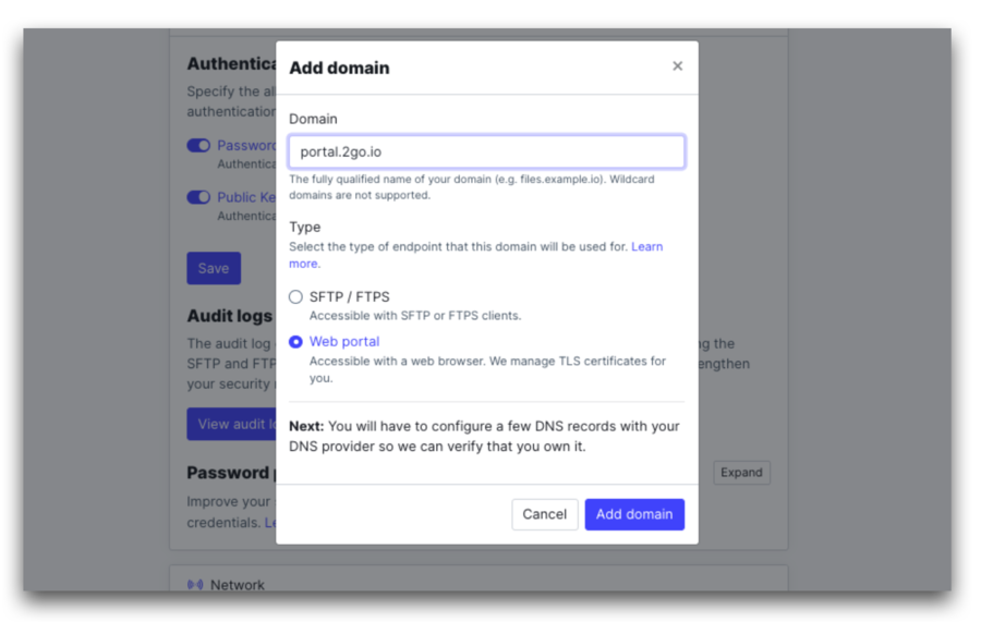 secure file transfer solution with custom domains support