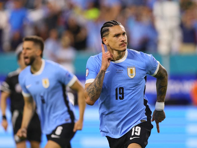 Darwin Nunez merayakan golnya untuk Uruguay di Copa America pada 24 Juni 2024