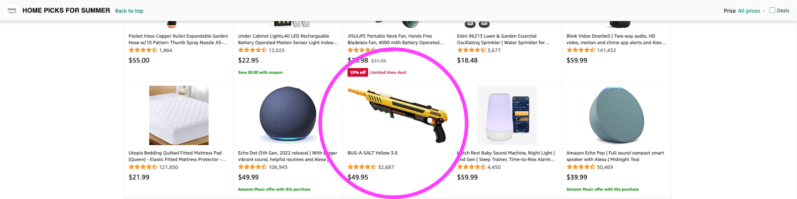 Screenshot of home picks for summer for Amazon advertising examples.