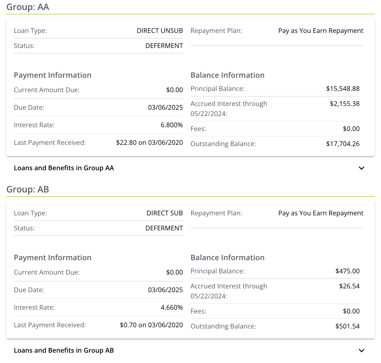 A screenshot indicating how loan servicers might separate student loans into different groups