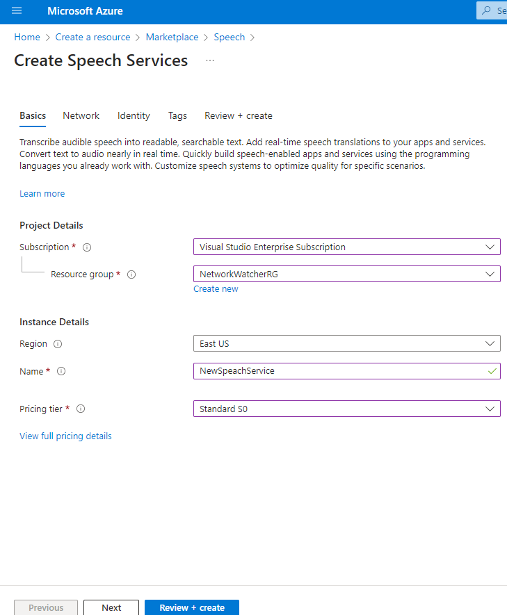 Review and create azure speech