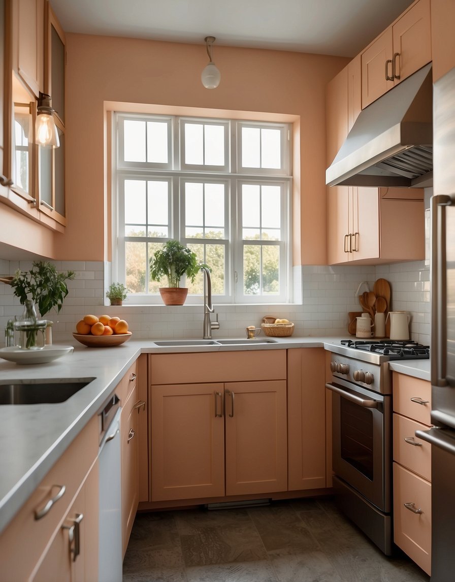 A kitchen with soft peach cabinets, white countertops, and stainless steel appliances. Light streams in through the window, casting a warm glow over the room