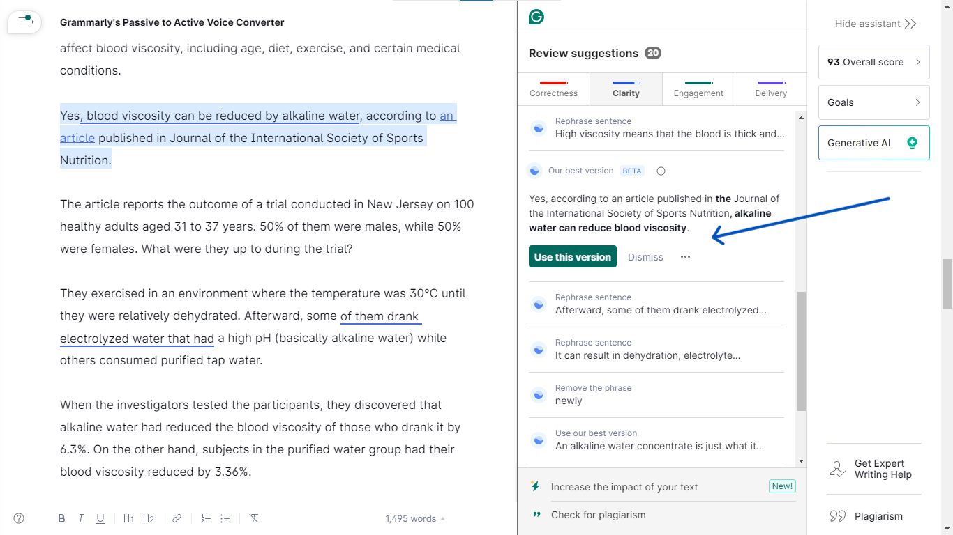 screenshot of Grammarly passive to active voice converters