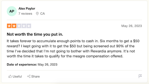 A 2-star Trustpilot review from a Rewardia user who doesn't feel that the six months it took them to earn a $50 reward is a good deal.